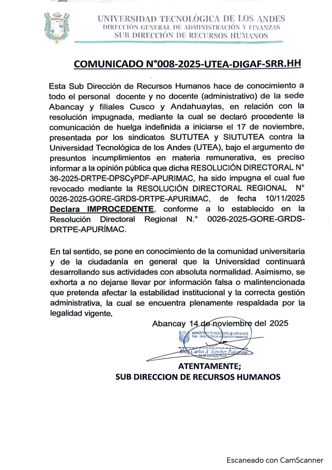 Comunicado comunica huelga improcedente